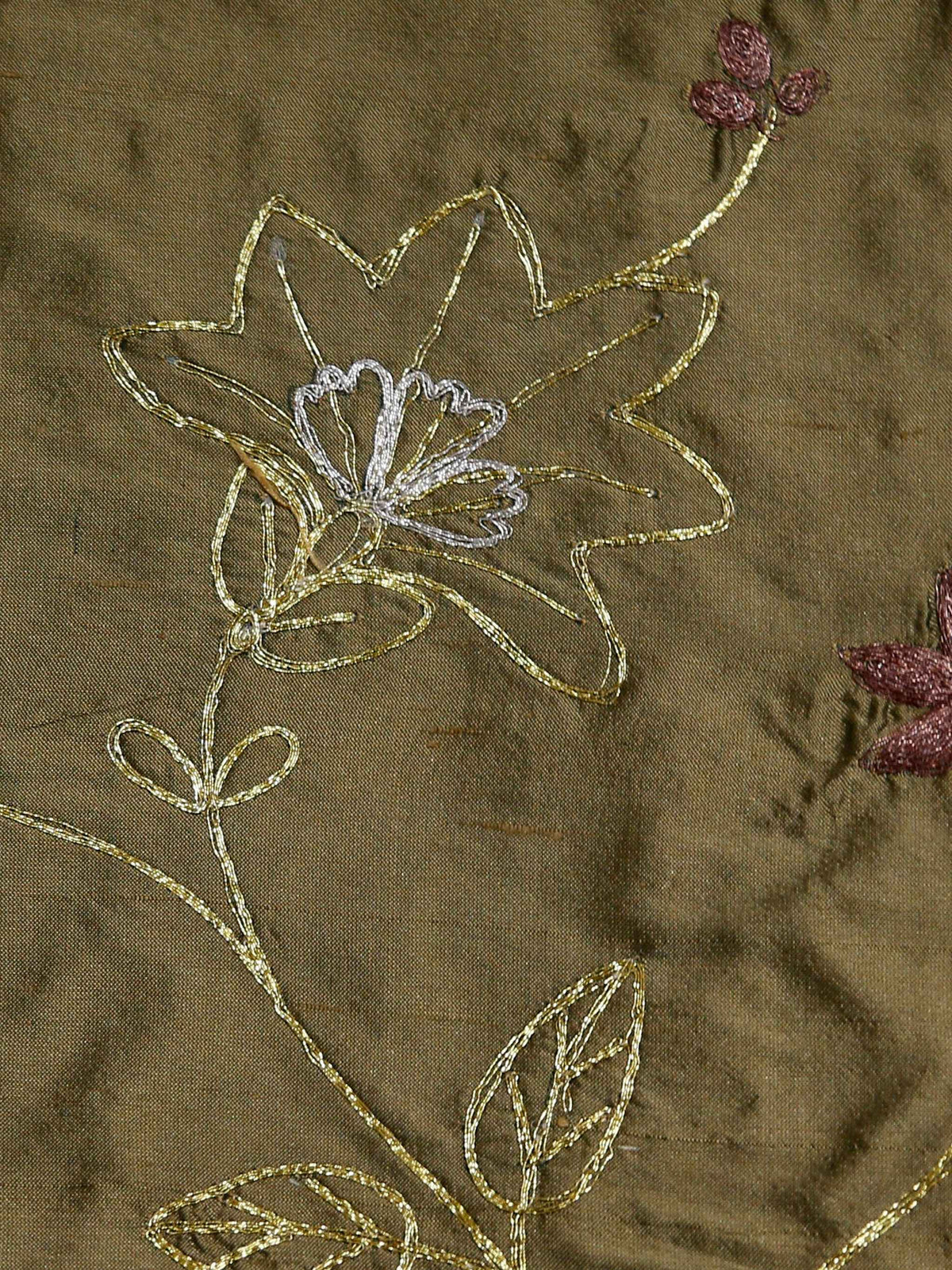 Su/1033 silk upholstery fabric in olive with gold metallic floral embroidery and mauve buds