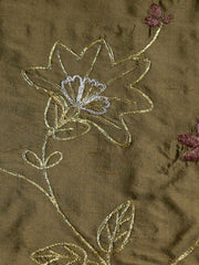 Su/1033 silk upholstery fabric in olive with gold metallic floral embroidery and mauve buds