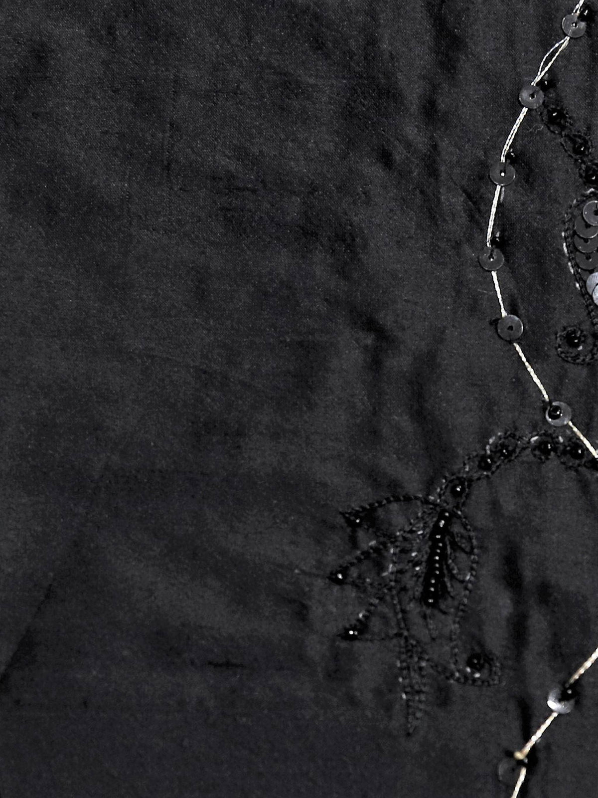 Black silk upholstery fabric with tone-on-tone sequin and bead embroidered vine