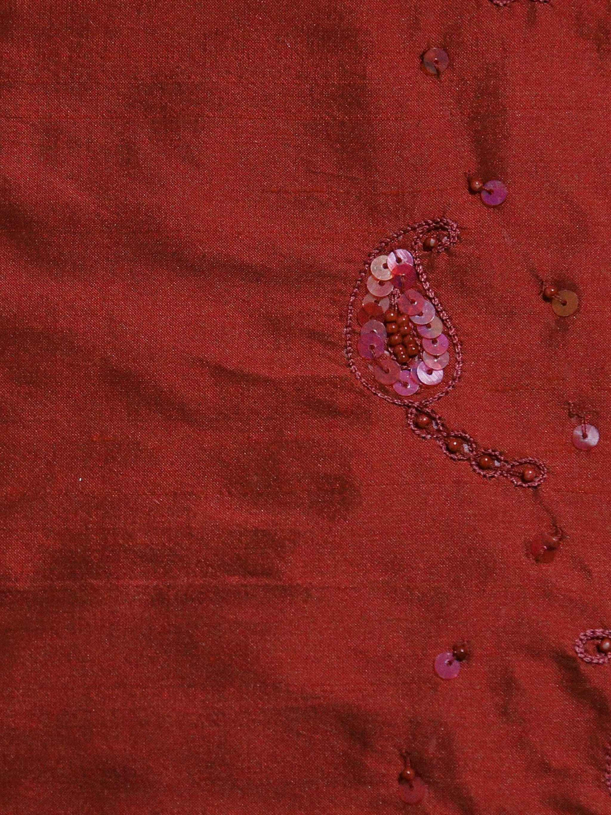 Maroon silk upholstery fabric with tone-on-tone sequin and bead embroidered paisley motifs