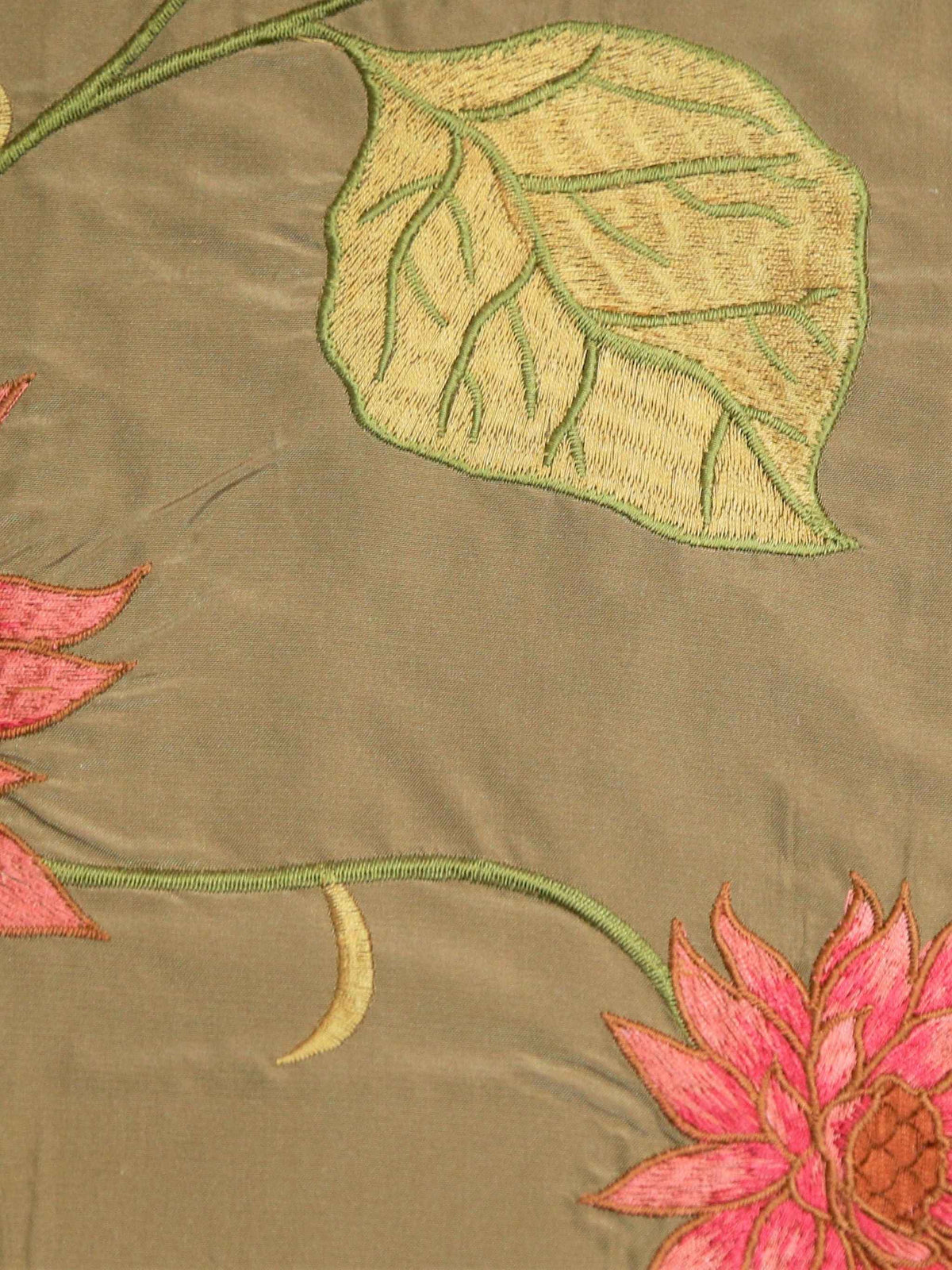 Olive-taupe silk upholstery fabric with an embroidered pink flower and leaf motif