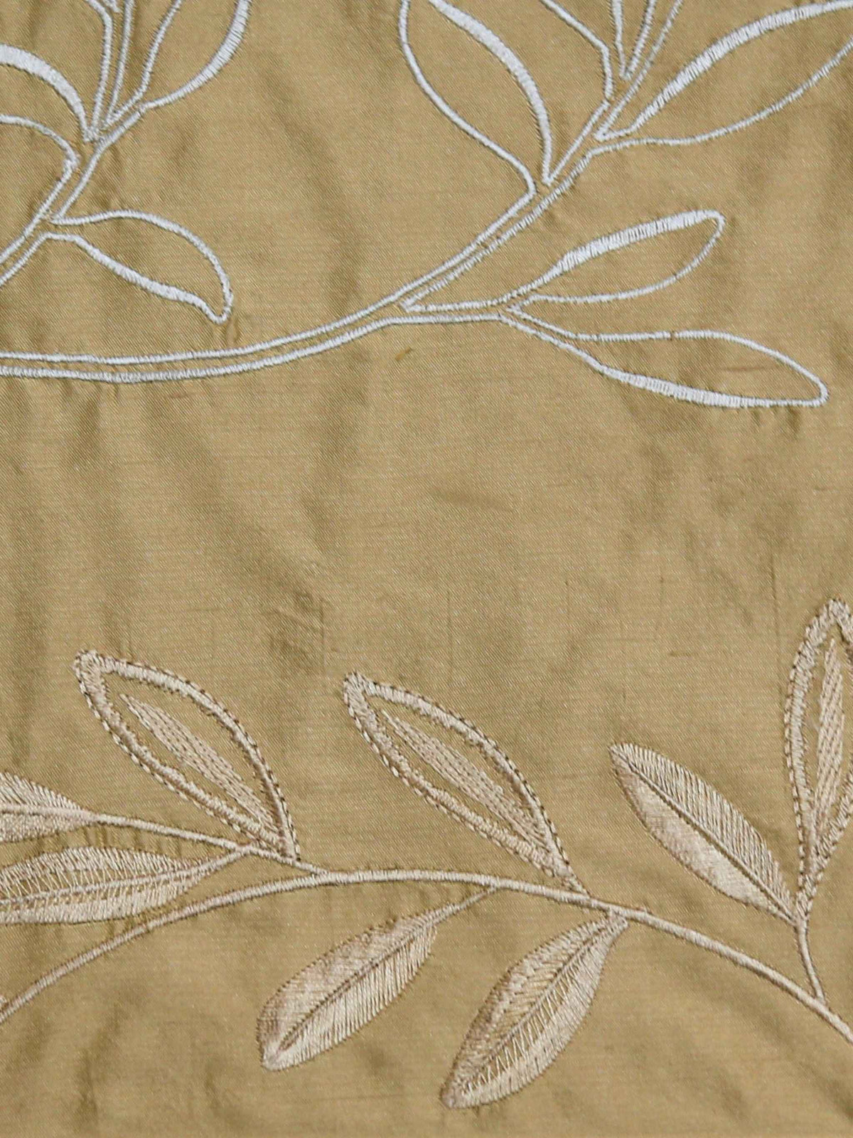 Tan silk upholstery fabric with a tone-on-tone embroidered leaf vine