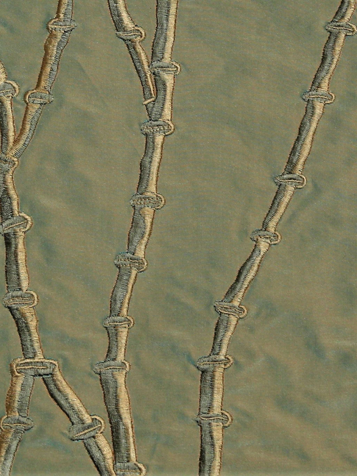 Sage-green silk upholstery fabric with a tone-on-tone embroidered bamboo-stem motif