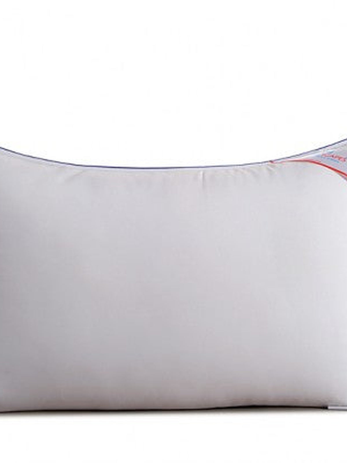 Close-up of the white Homescapes Cloud pillow with its blue and red piped edge