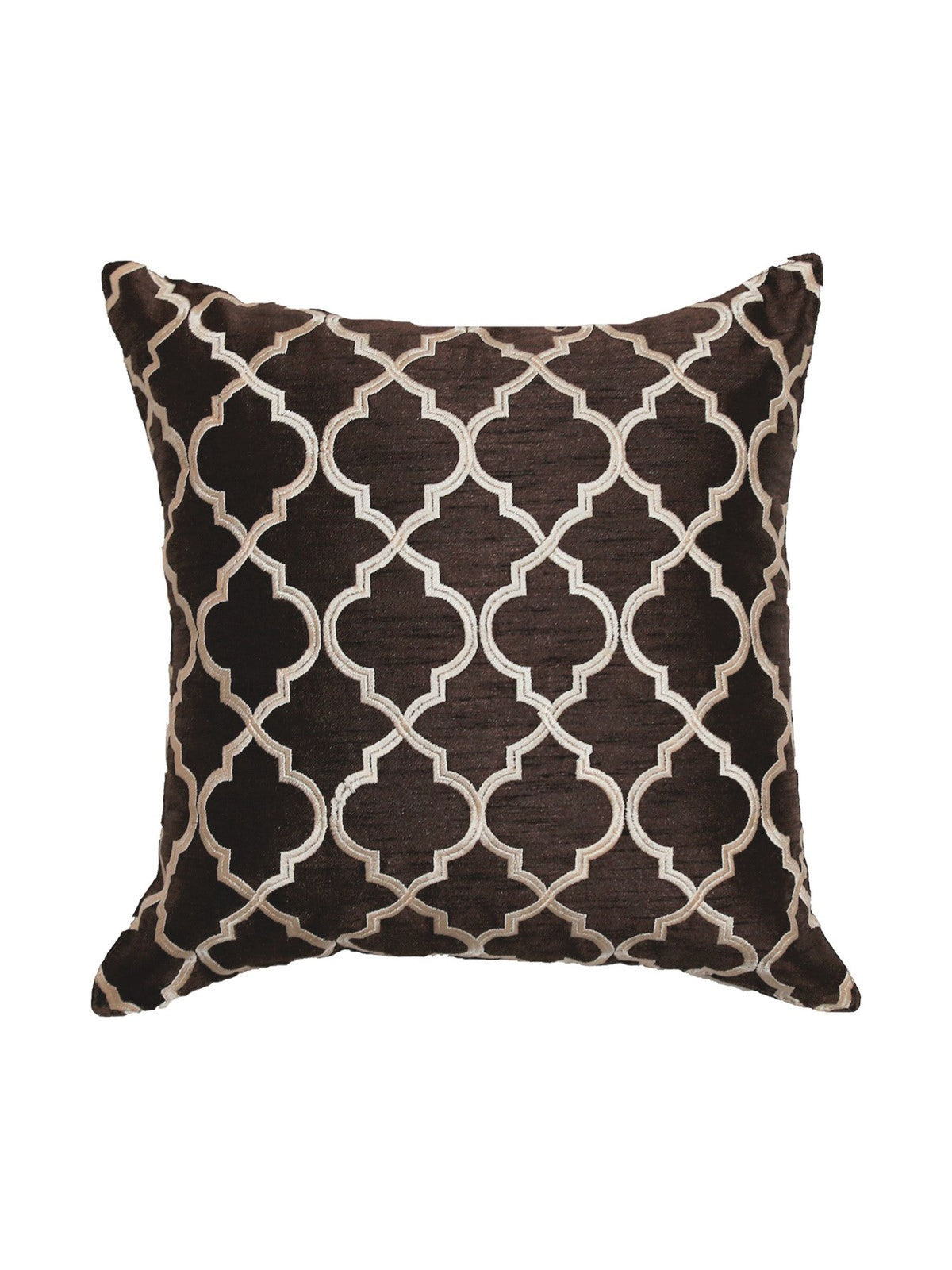 Dark brown cushion cover with a cream and silver Moroccan quatrefoil trellis embroidery