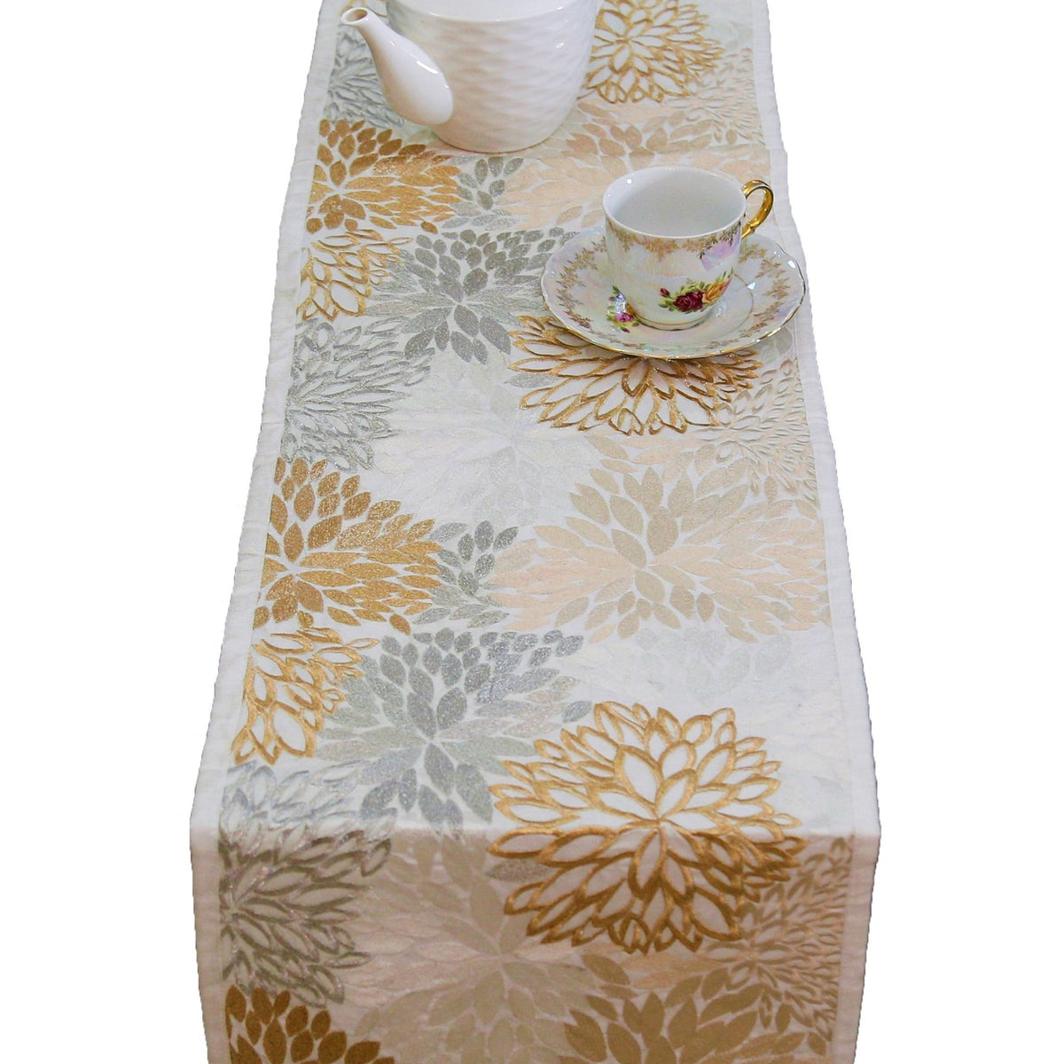 Beige Embroidered Dupion Silk Table Runner 12 X 90 inch front view