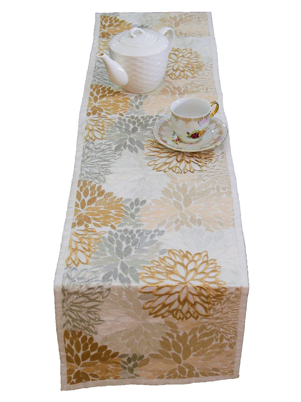 Beige Embroidered Dupion Silk Table Runner 12 X 90 inch front view