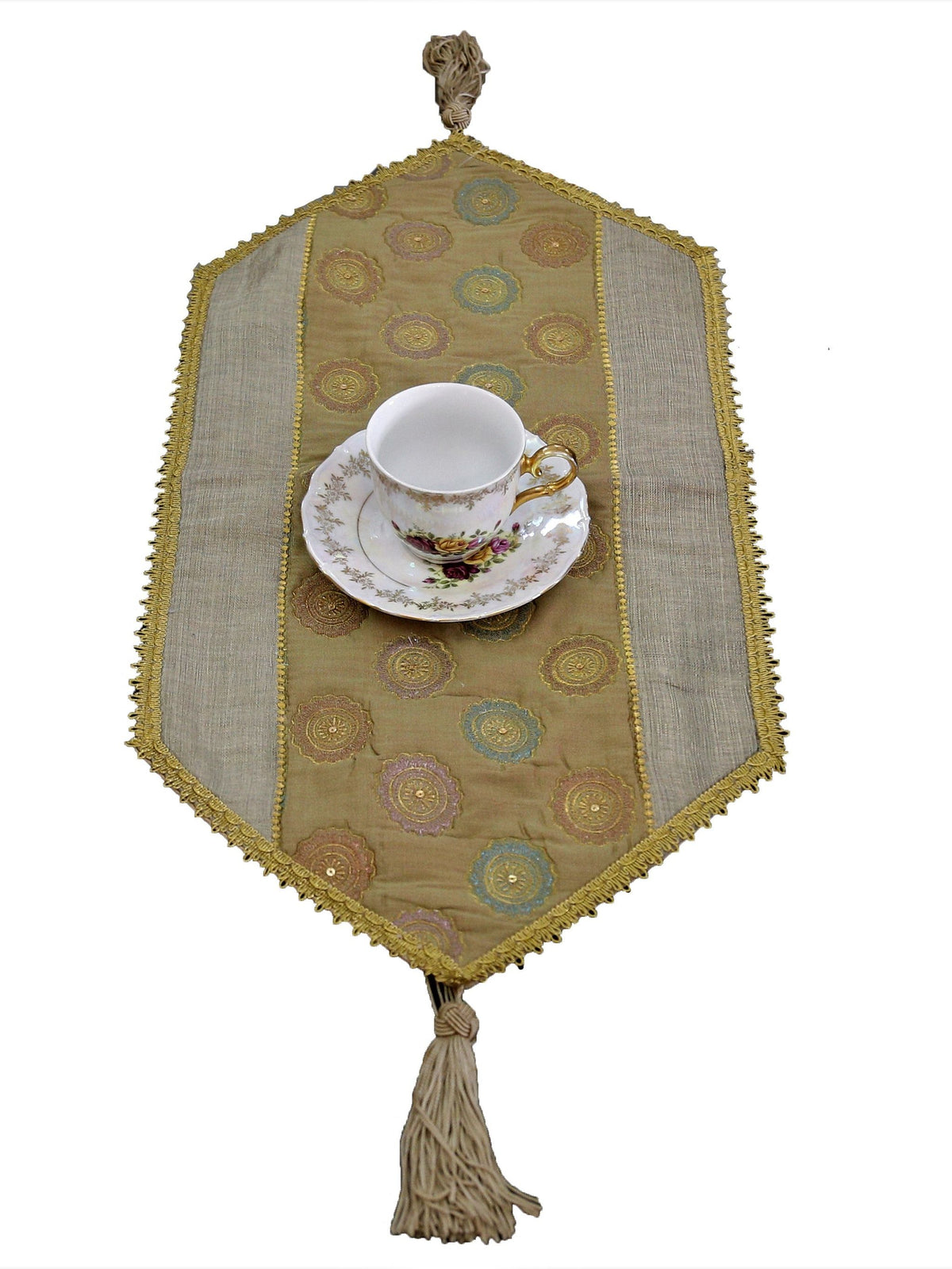 Green Embroidered Poly Silk Table Runner 13 X 26 inch front view