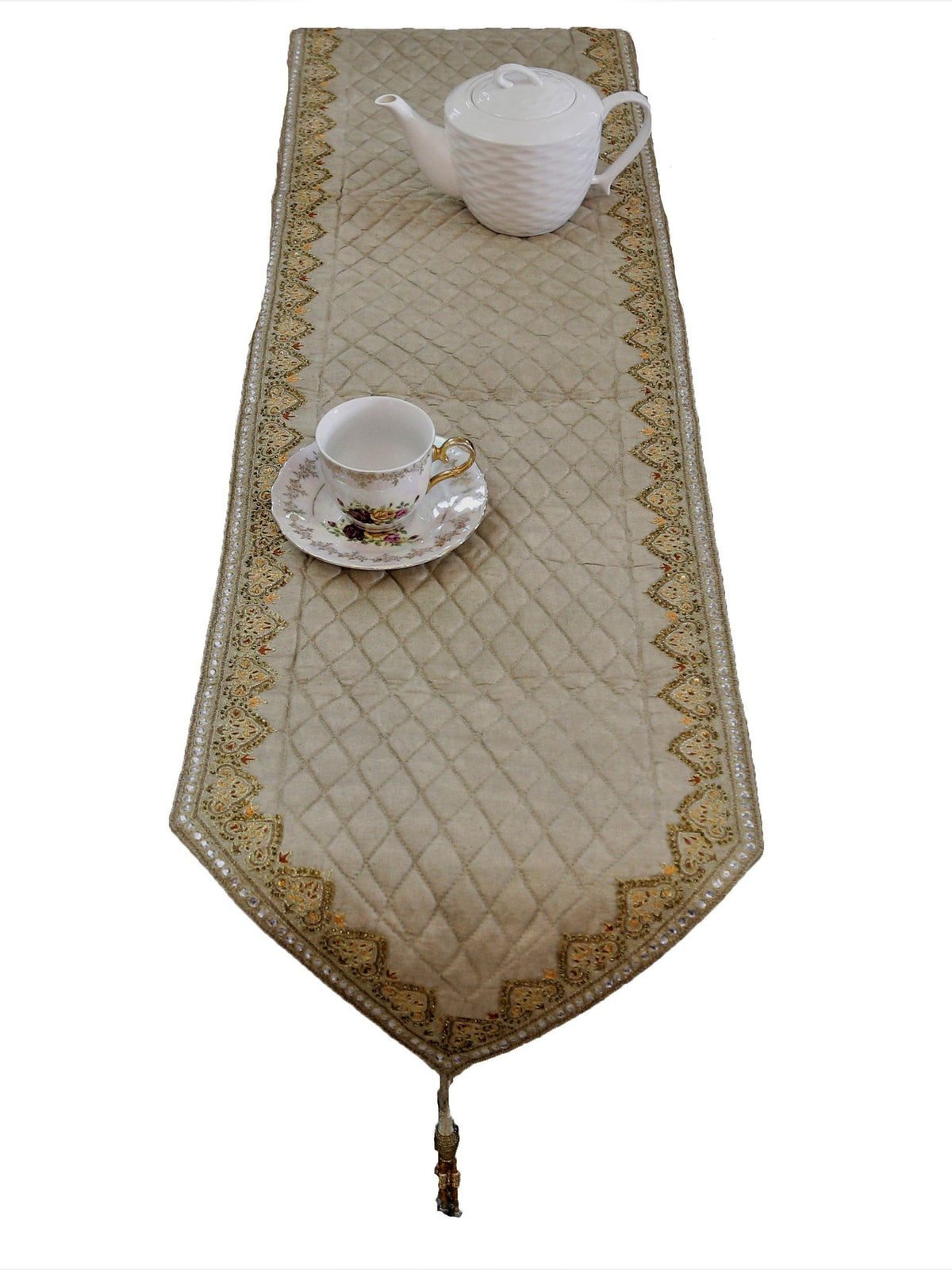 Beige Sequin Work Silk Table Runner 13 X 72 inch front view