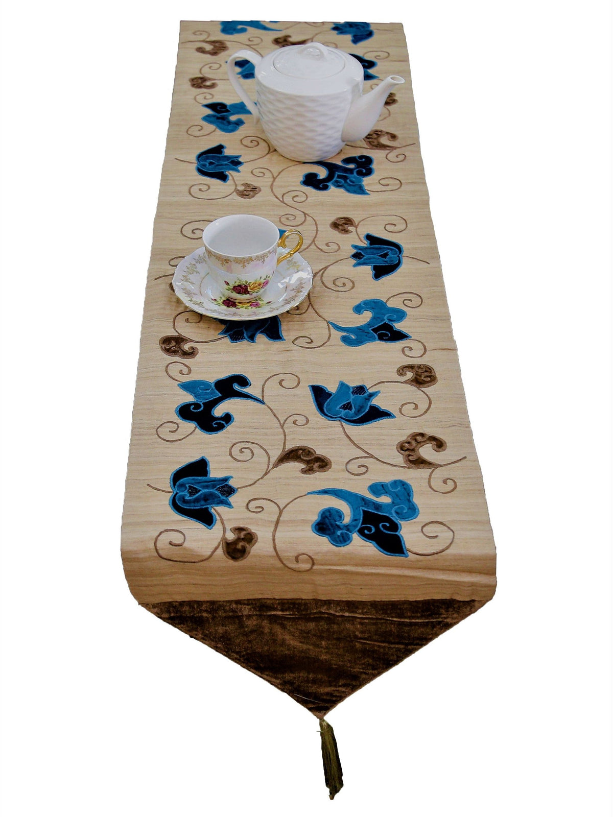 Beige Patchwork Velvet Table Runner 13 X 108 inch front view