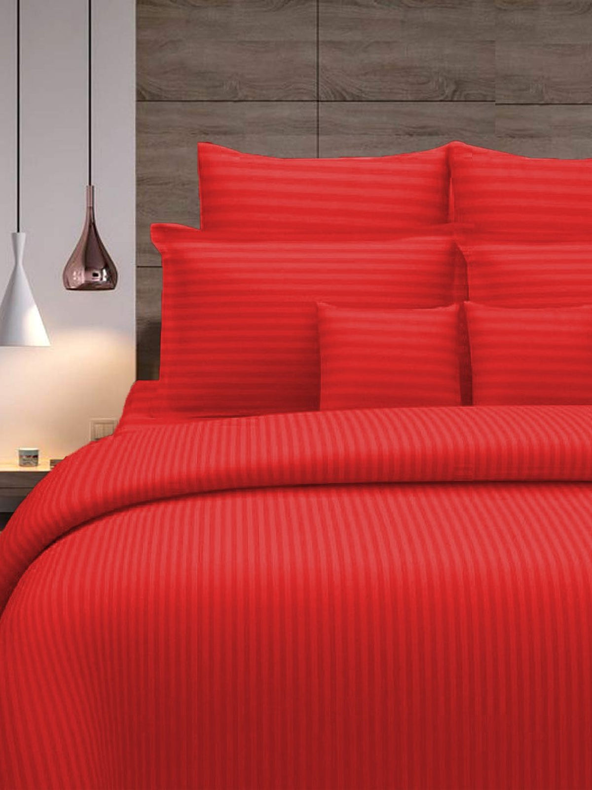 Red cotton duvet cover with a woven self-stripe for a single bed