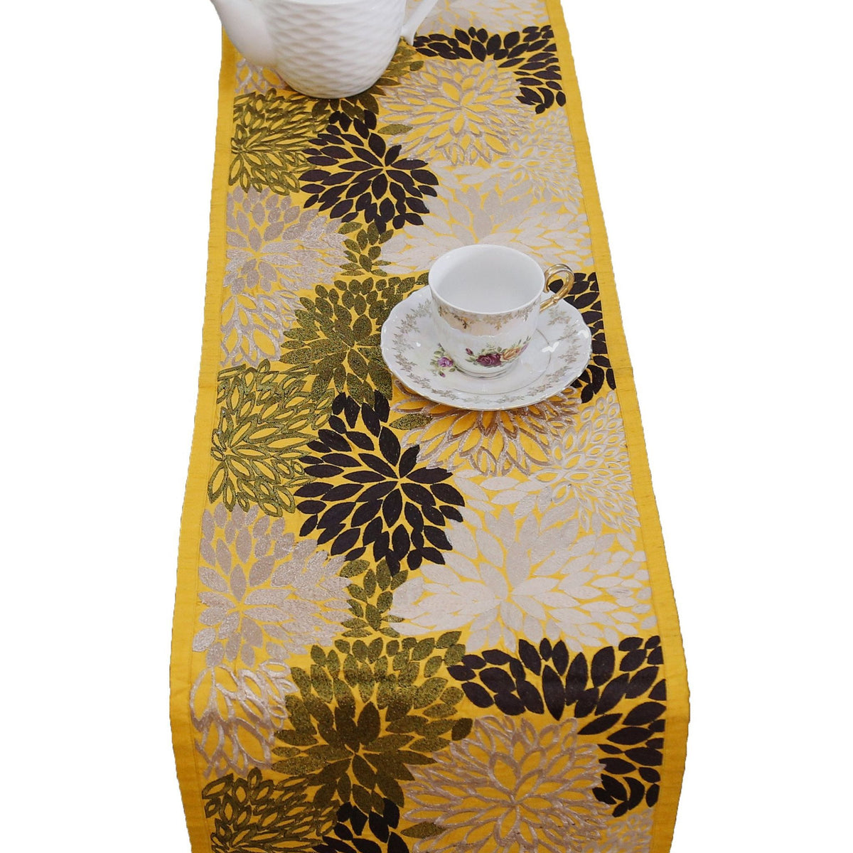 Yellow Embroidered Dupion Silk Table Runner 13 X 90 inch front view