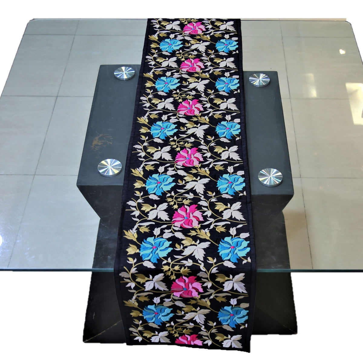 Purple Embroidered Dupion Silk Table Runner 13 X 90 inch front view