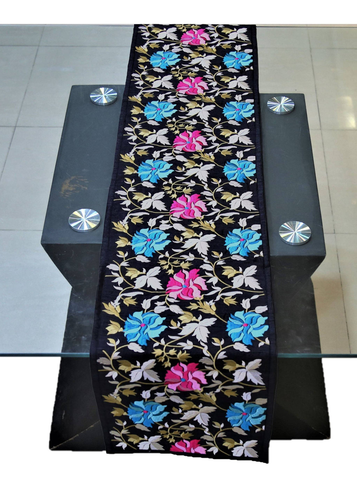 Purple Embroidered Dupion Silk Table Runner 13 X 90 inch front view