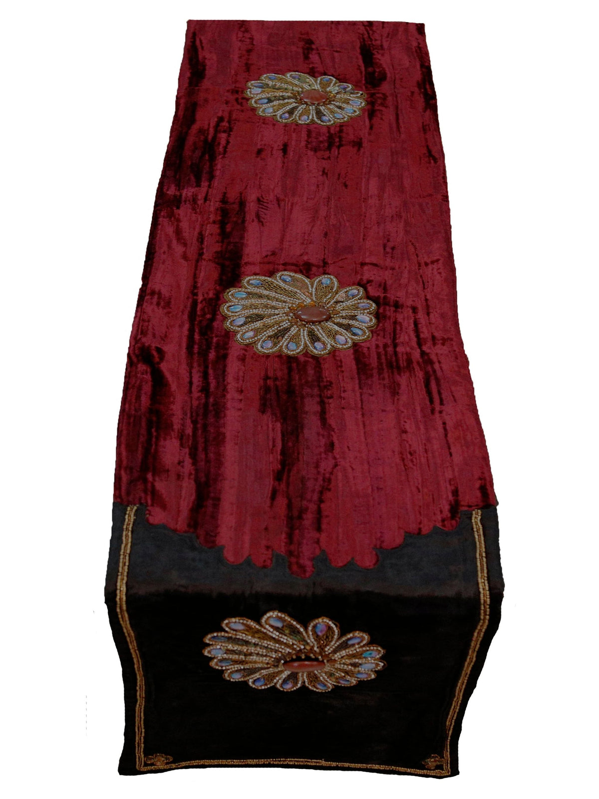Black Zardozi Work Velvet Table Runner 13 X 90 inch front view