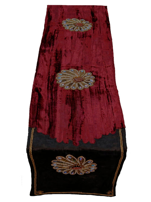 Zardozi Work Velvet Table Runner - Maroon & Black (13x90 inch)