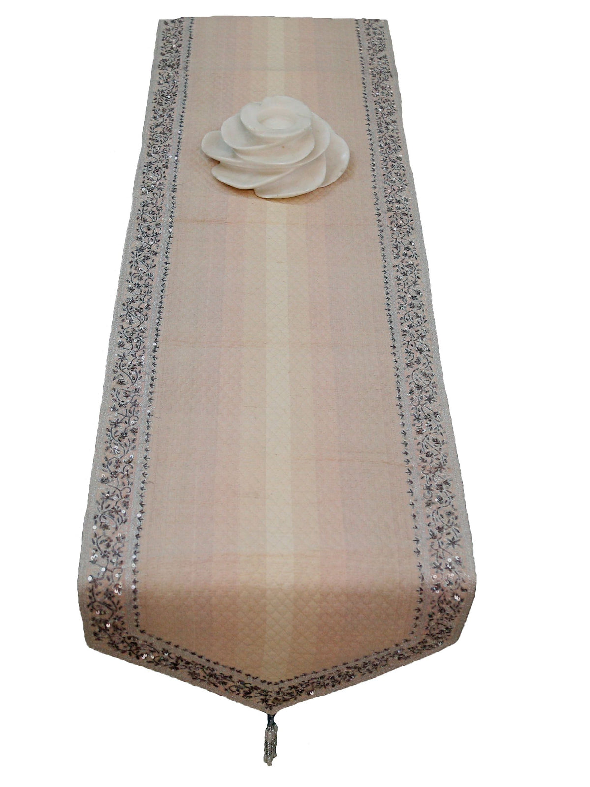 Beige Sequin Work Dupion Silk Table Runner 14 X 90 inch front view