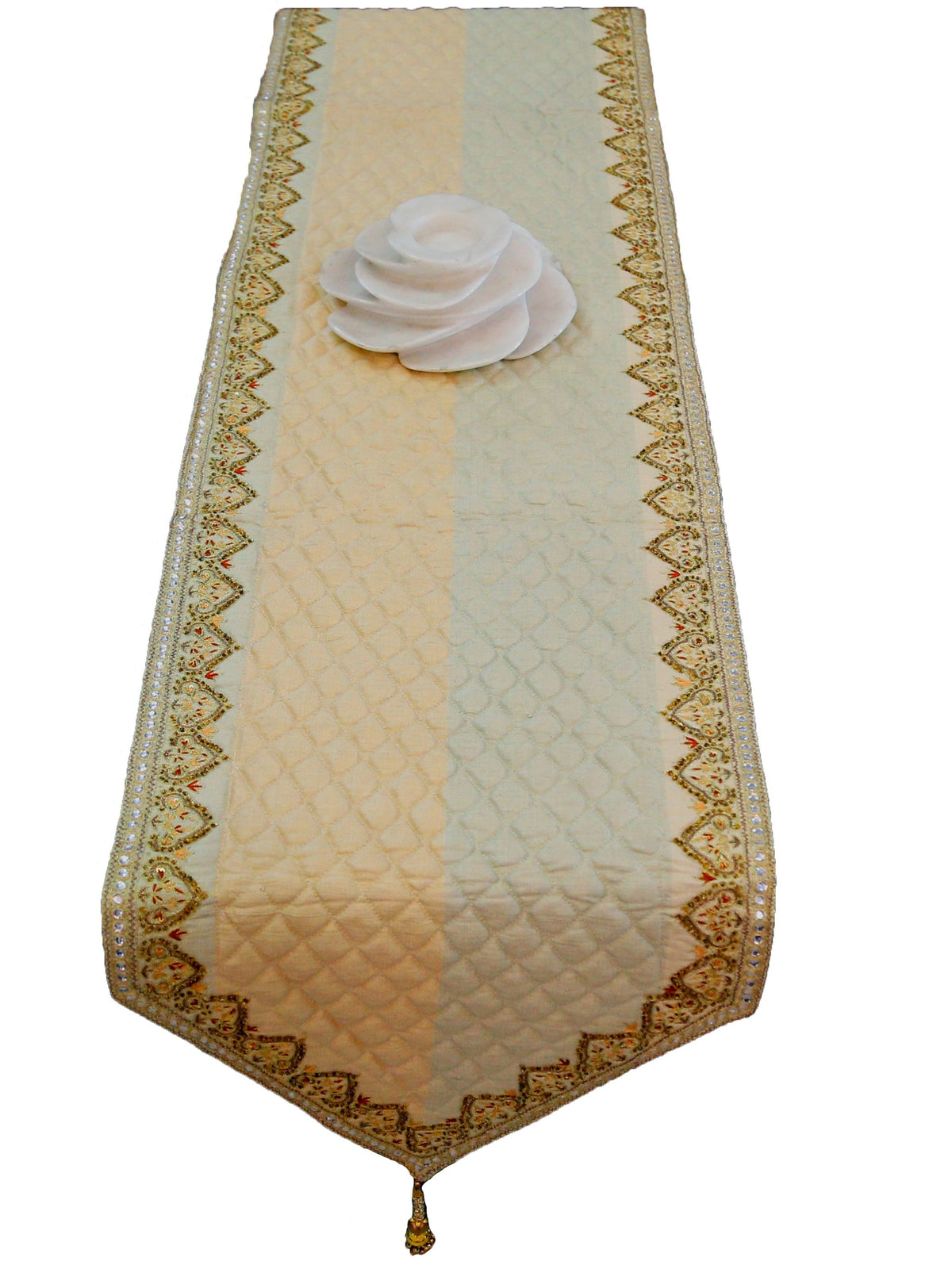 Green Sequin Work Dupion Silk Table Runner 14 X 90 inch front view