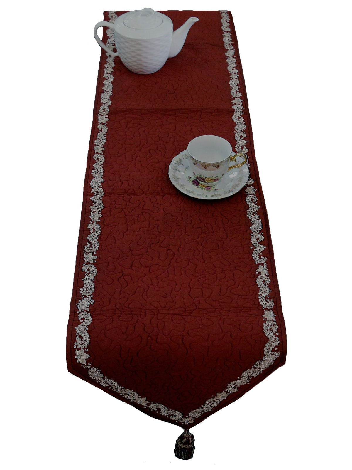 Maroon Water Filling Stitch Silk Table Runner 13 X 90 inch front view