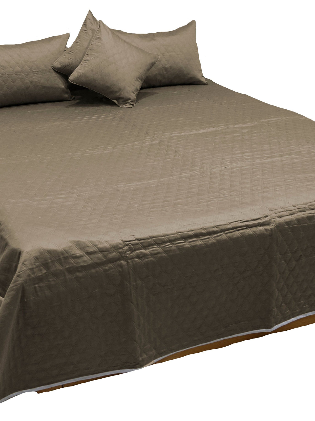 Olive taupe cotton bedcover with diamond quilting and matching pillow and cushion covers