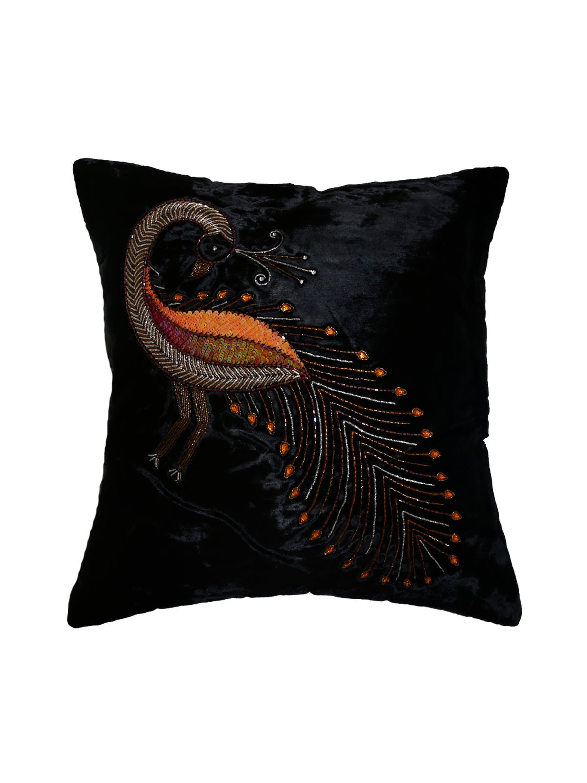 Black velvet cushion cover with a beaded gold and copper embroidered peacock