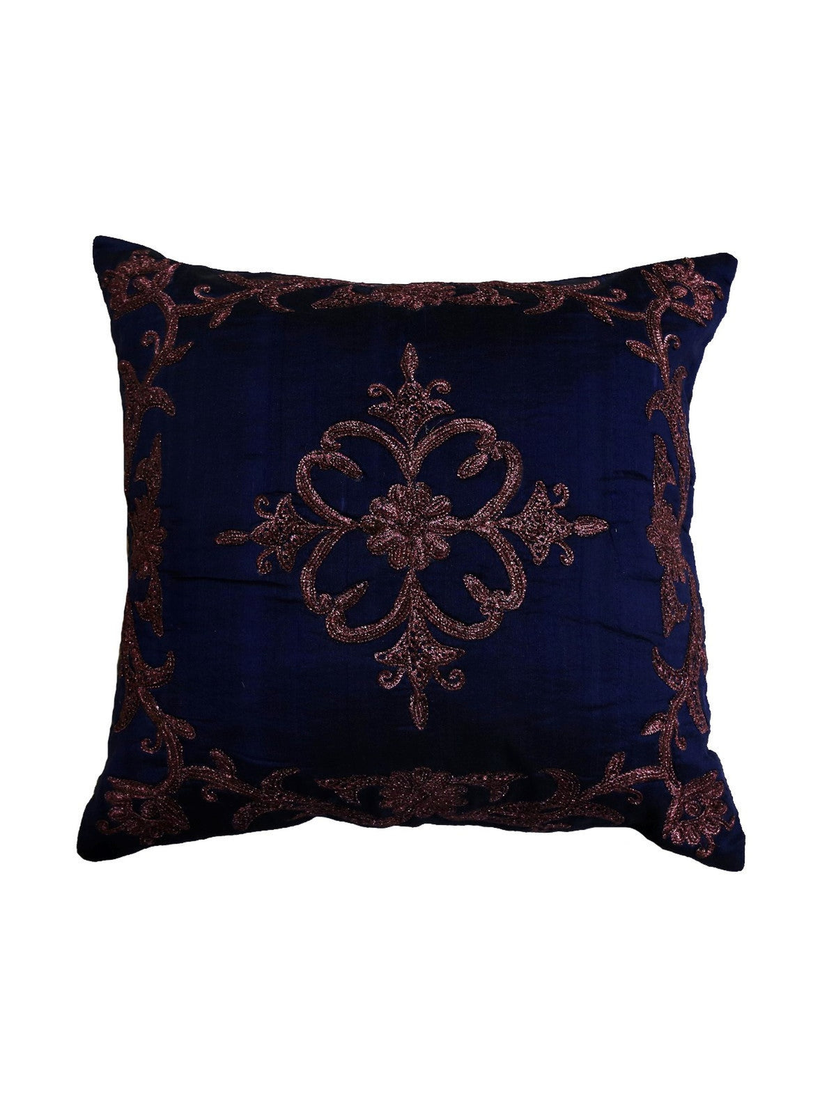 Navy blue cushion cover with a copper-bronze zari-embroidered scroll medallion and matching border