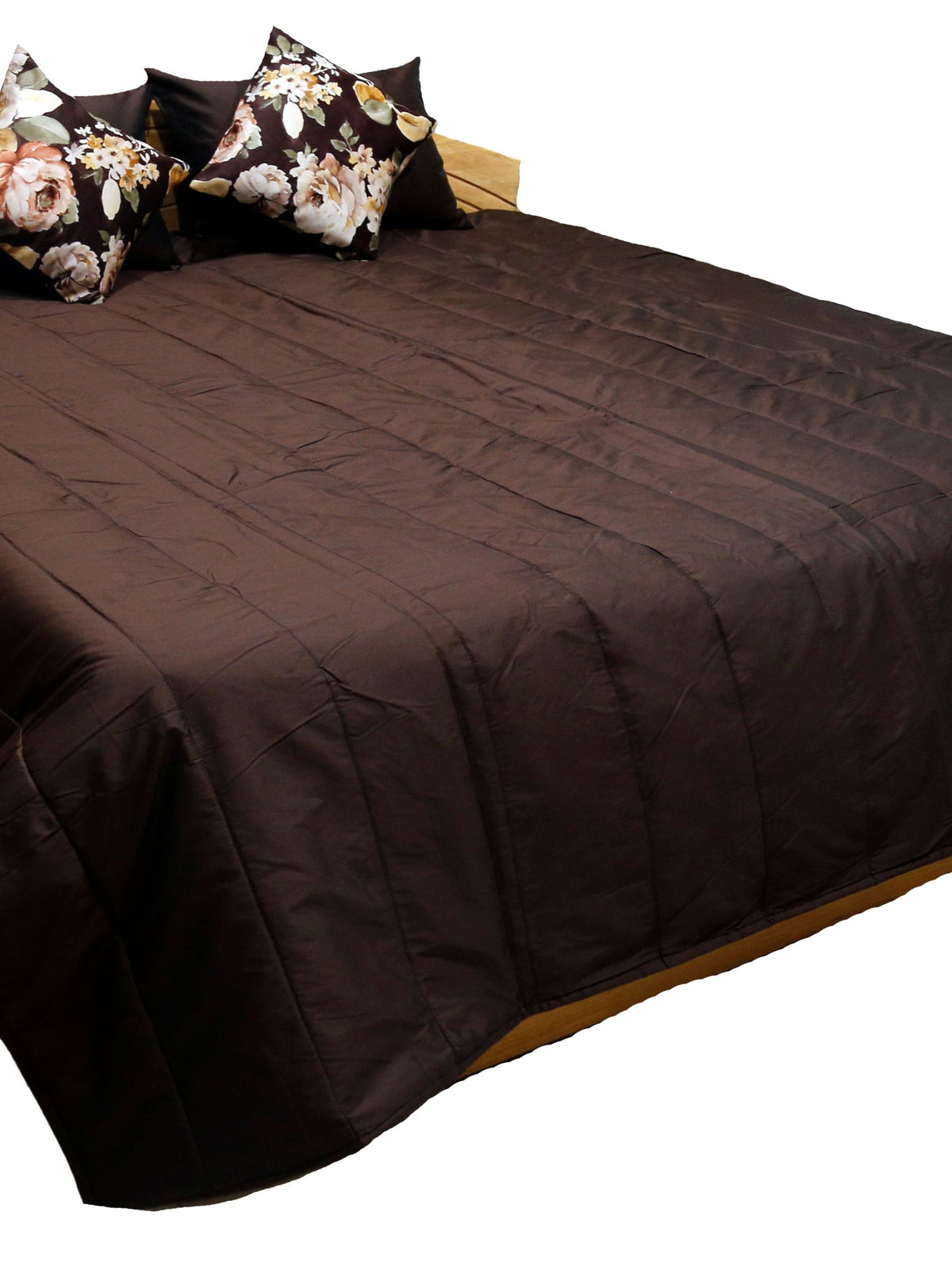 Chocolate brown silk bedcover with pintuck pleating and cream floral print cushion covers