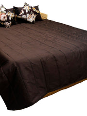Chocolate brown silk bedcover with pintuck pleating and cream floral print cushion covers