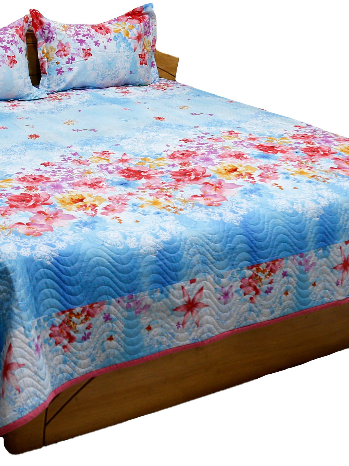 Sky blue floral printed cotton bedcover with rose border and two pillow covers, angled