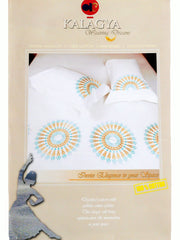 Kalagya packaging showing a white cotton bedsheet with teal and gold mandala medallion embroidery, styled on a bed with matching pillow covers