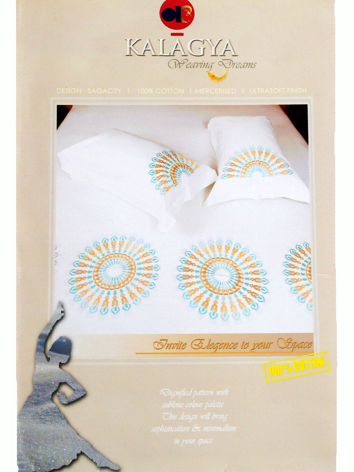 Kalagya packaging showing a white cotton bedsheet with teal and gold mandala medallion embroidery, styled on a bed with matching pillow covers