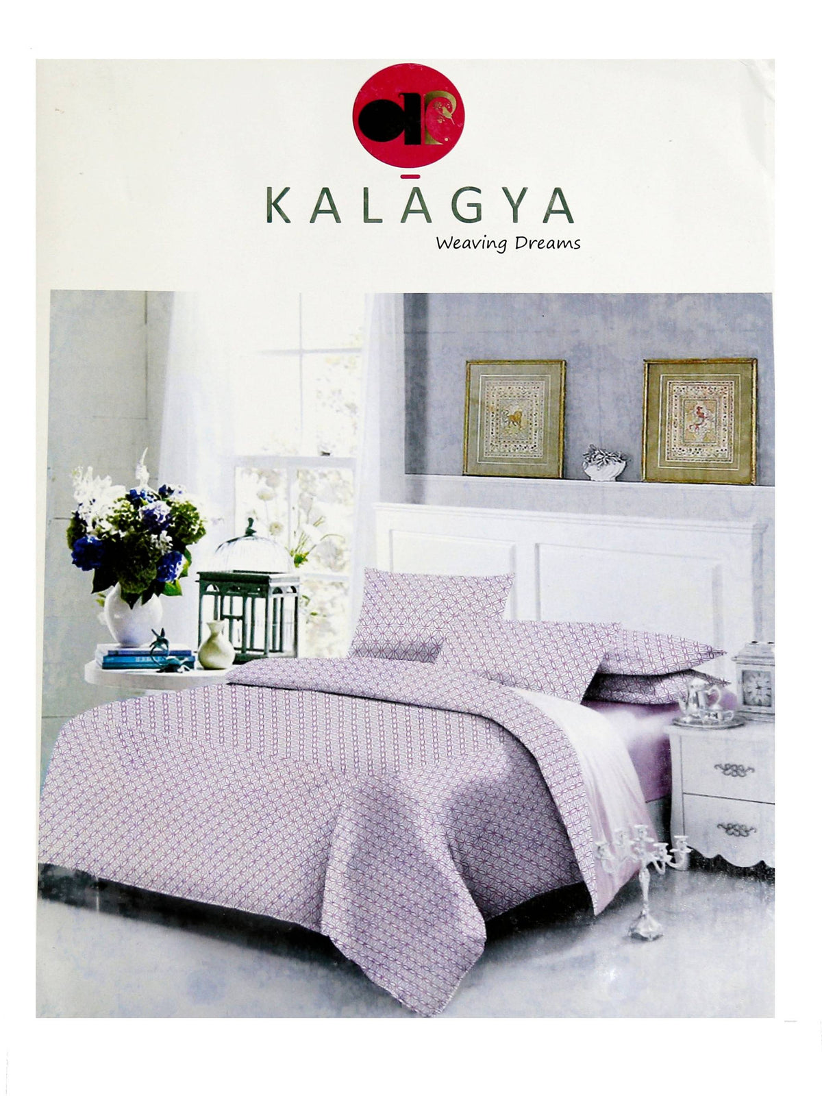 Kalagya Weaving Dreams packaging showing a lavender-white bedsheet set with a small pink and purple diamond-lattice print, styled on a bed with a floral nightstand display