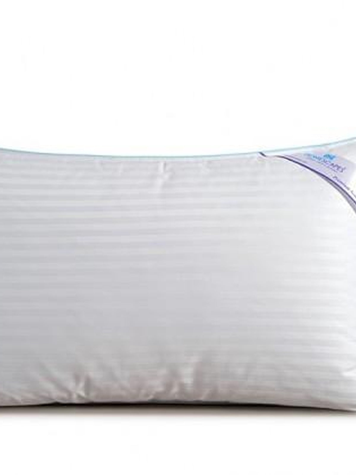 Close-up of the white satin stripe Regent pillow with a pale blue piped edge