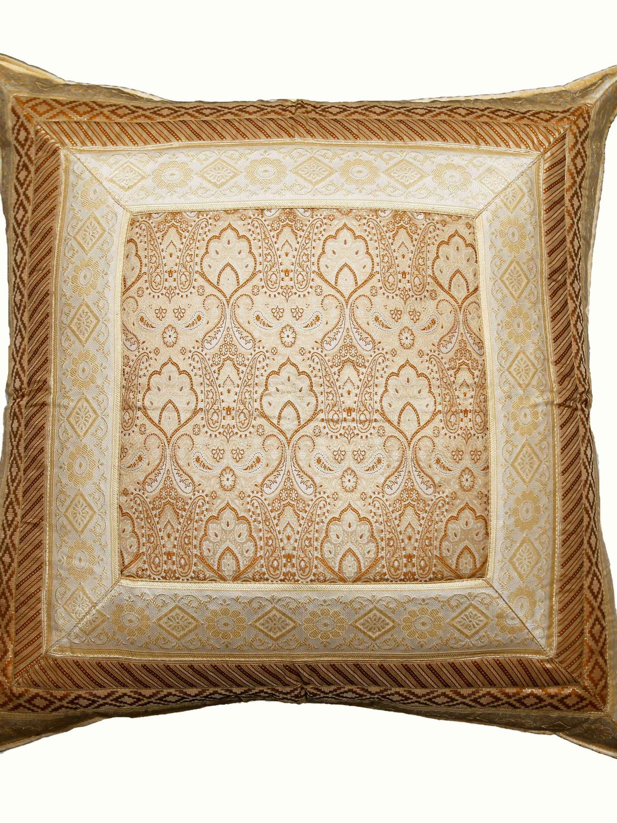 Cream cushion cover with a beige-gold brocade paisley medallion pattern and matching border