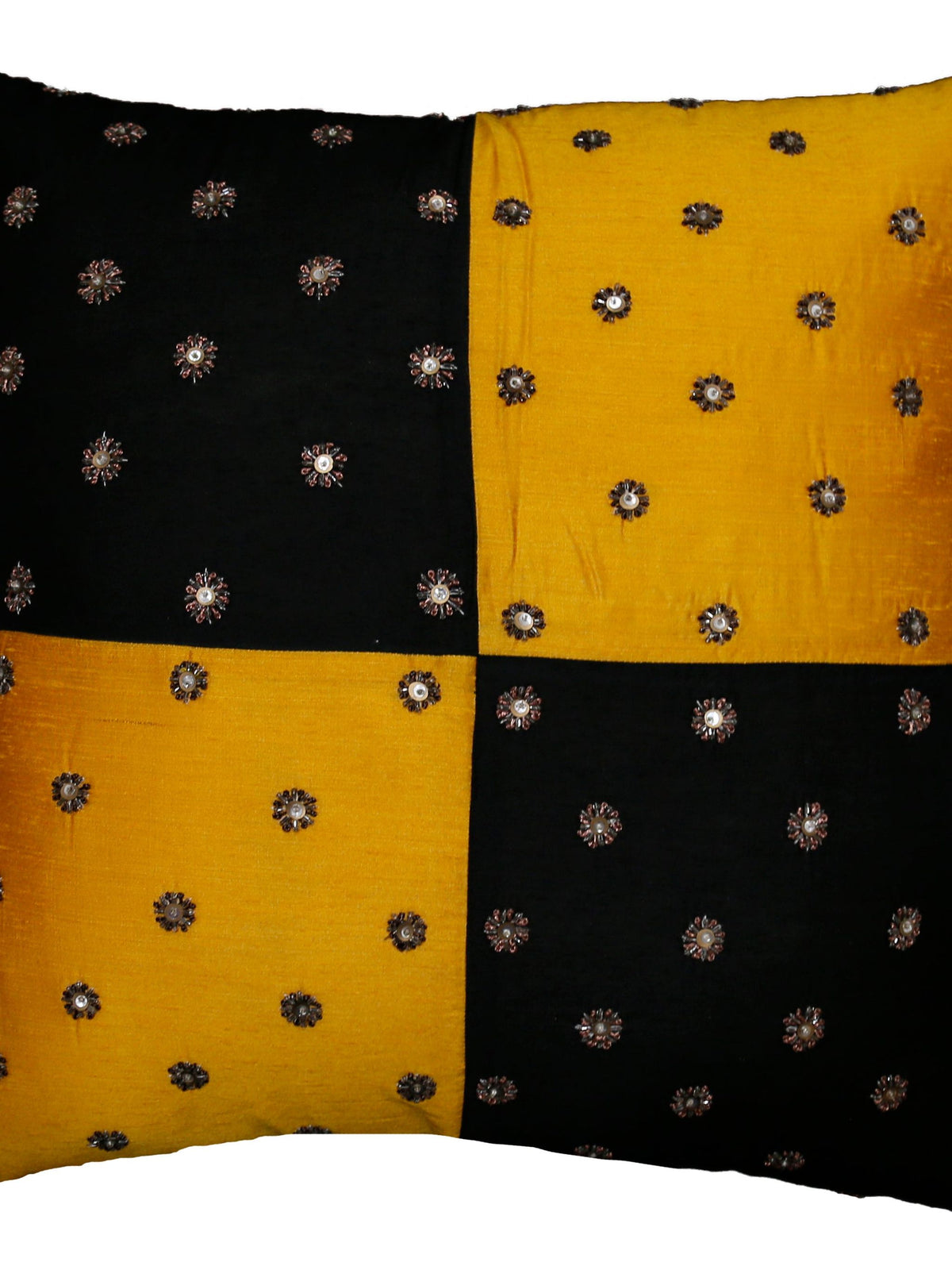 Black and mustard-yellow colour-block cushion cover with beaded flower embellishments on both colours