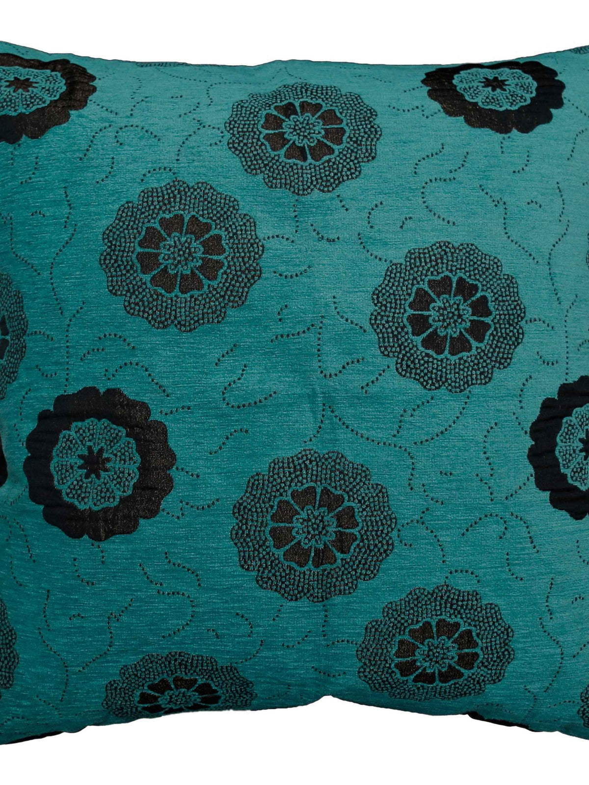 Teal cushion cover with a black flocked floral medallion pattern and black corner accents