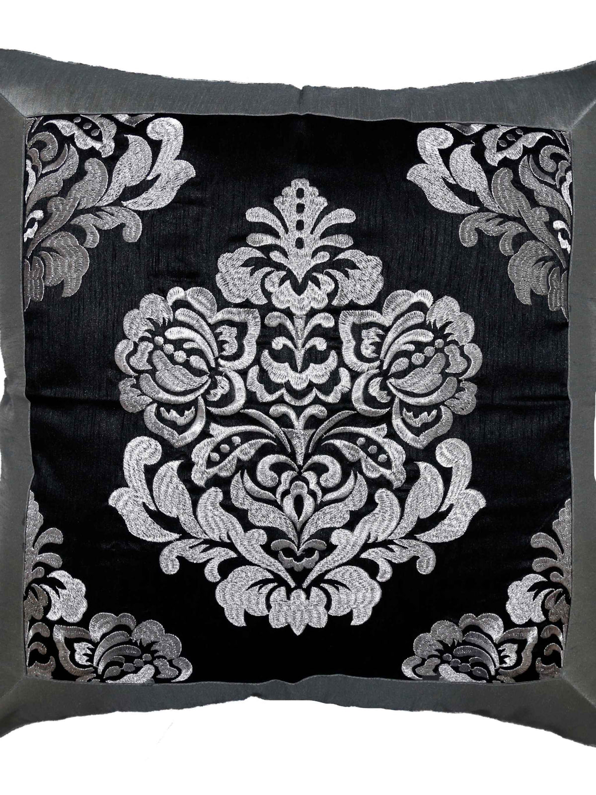 Black velvet cushion cover with a large grey-silver embroidered damask medallion, framed by a solid grey border