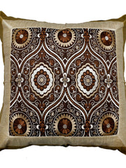 Dark brown cushion cover with a beige-cream embroidered ogee medallion pattern and beige-gold border