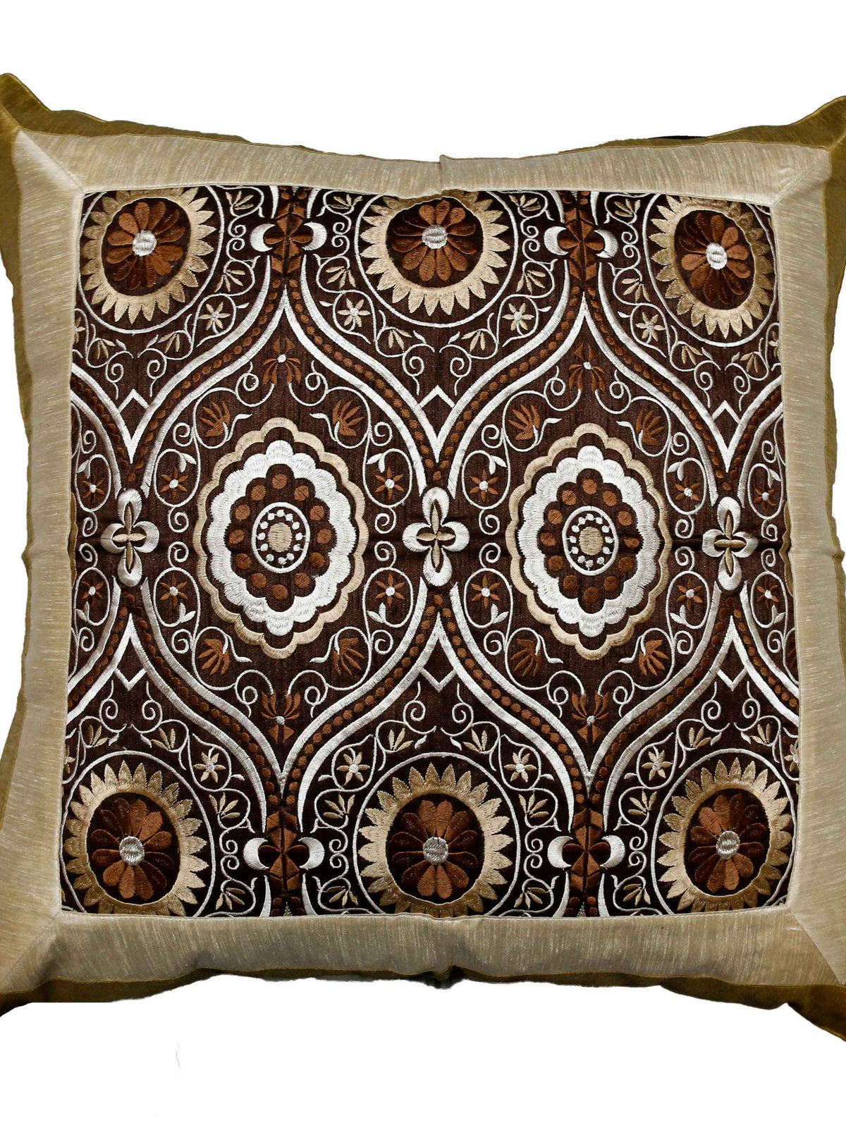 Dark brown cushion cover with a beige-cream embroidered ogee medallion pattern and beige-gold border