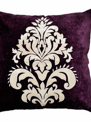 Deep aubergine velvet cushion cover with a large ivory damask motif appliqued onto the fabric