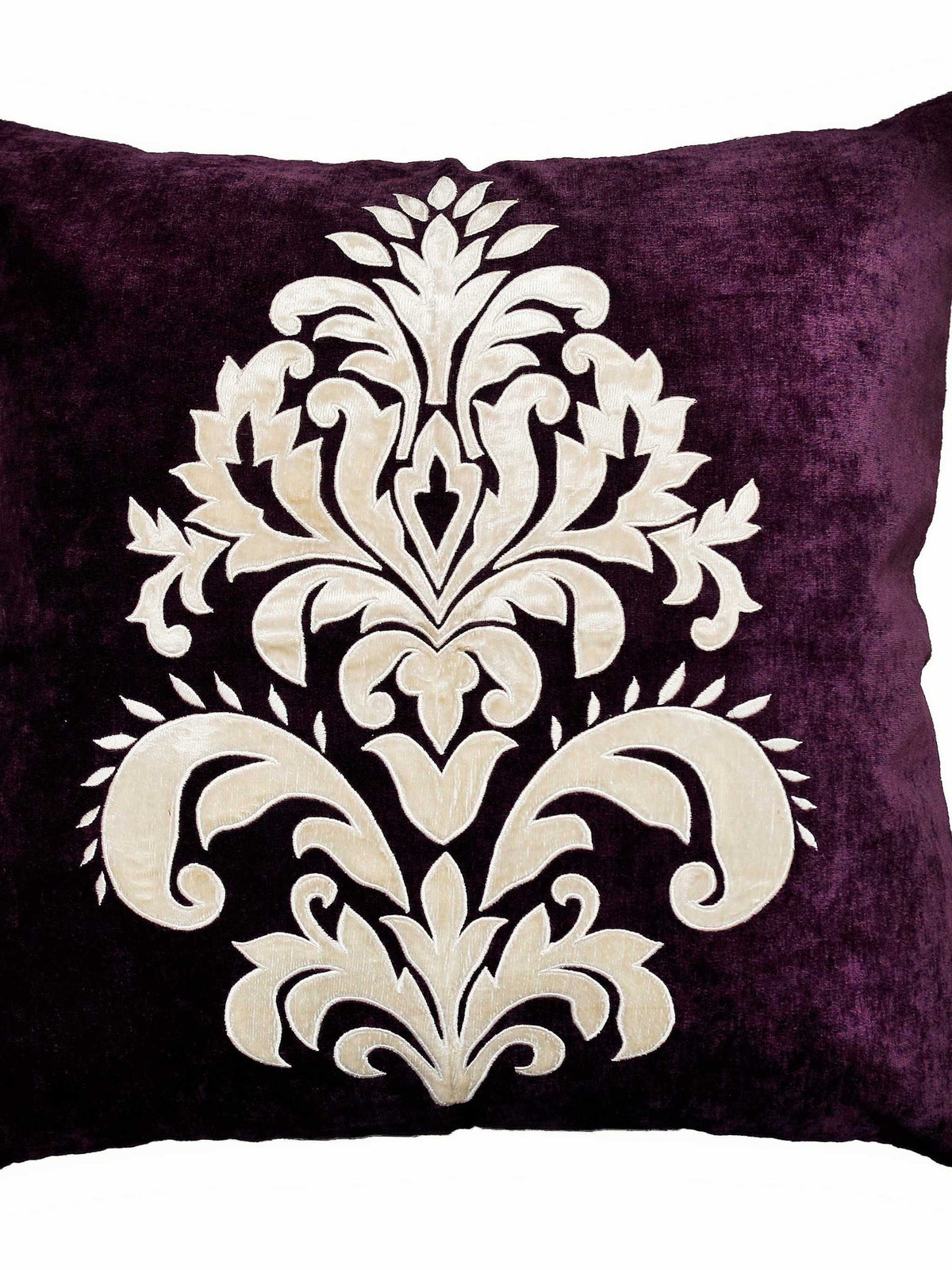 Deep aubergine velvet cushion cover with a large ivory damask motif appliqued onto the fabric