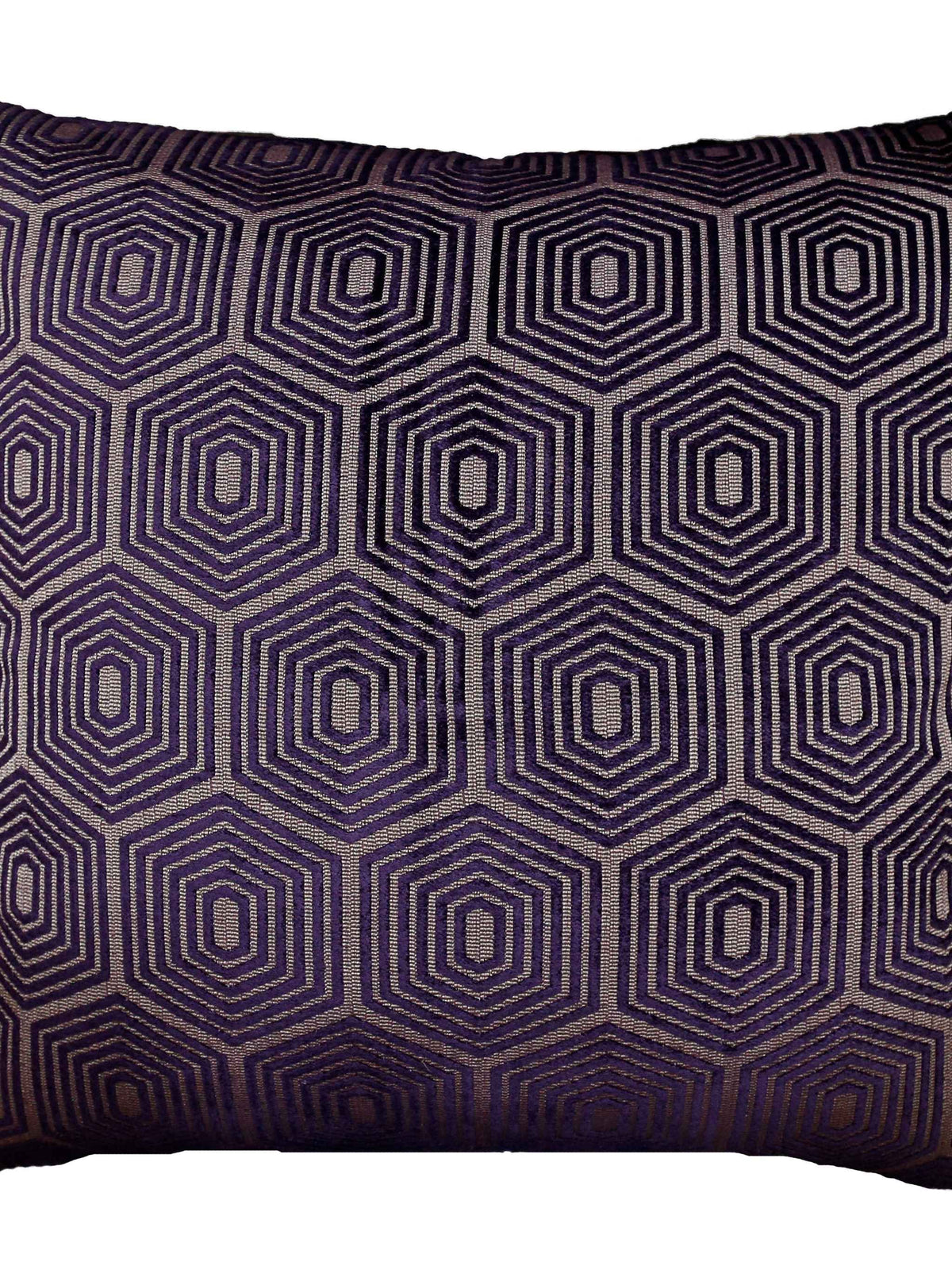 Purple cushion cover with a taupe-grey hexagon geometric jacquard weave