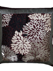 Wine-maroon cushion cover with a large grey-silver dahlia floral applique medallion, framed by a grey border