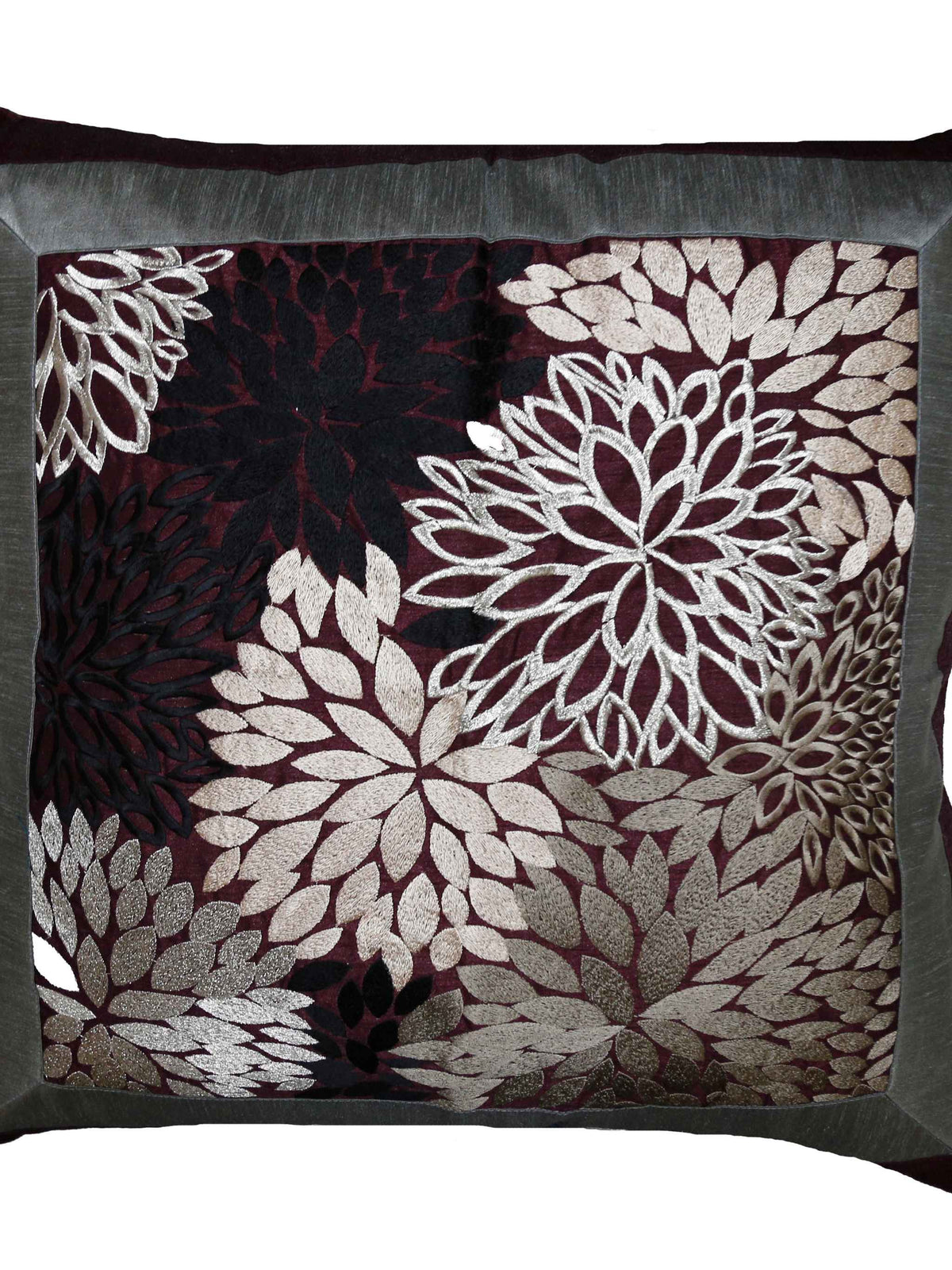 Wine-maroon cushion cover with a large grey-silver dahlia floral applique medallion, framed by a grey border