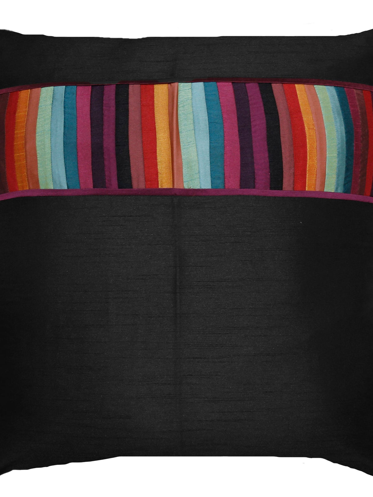 Black cushion cover with a multicolour vertical-stripe band across the centre
