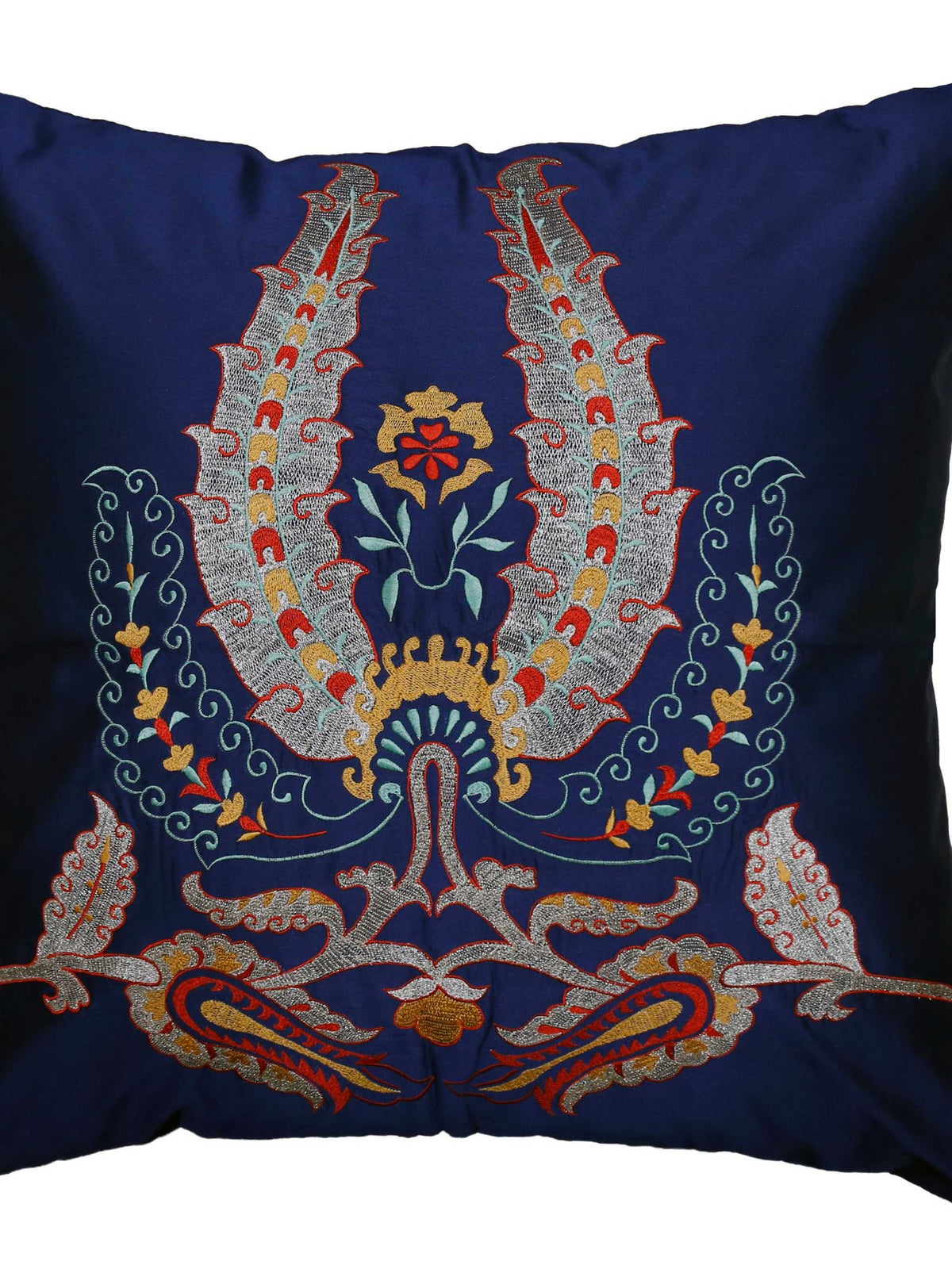Navy blue cushion cover with an elaborate multicolour embroidered crown and floral motif