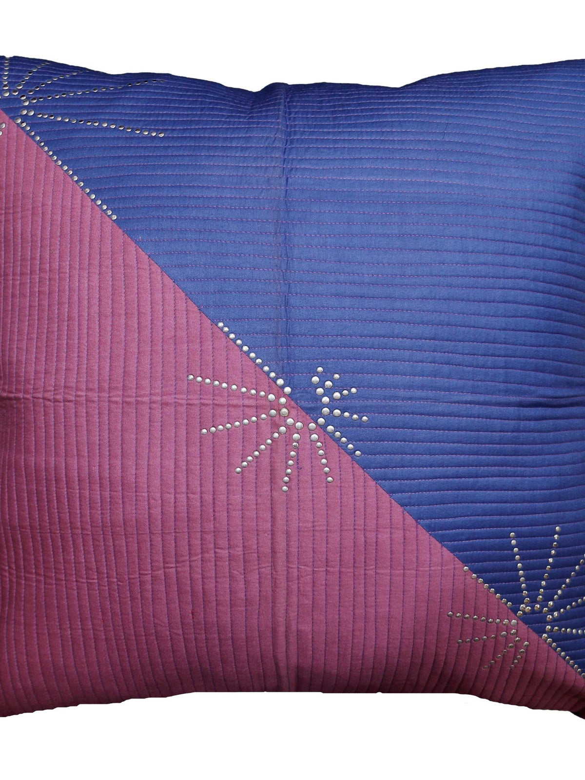 Diagonally split blue and mauve-pink pinstripe cushion cover with silver starburst bead embellishments