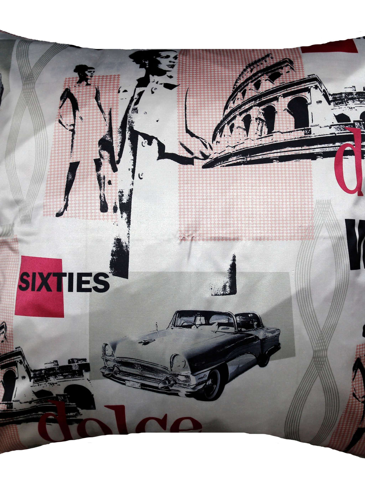 Cream cushion cover with a multicolour pop-art fashion print featuring vintage cars, architecture, and 'Sixties' graphics