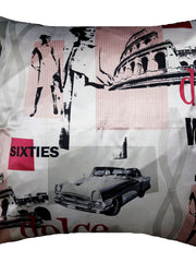 Cream cushion cover with a multicolour pop-art fashion print featuring vintage cars, architecture, and 'Sixties' graphics