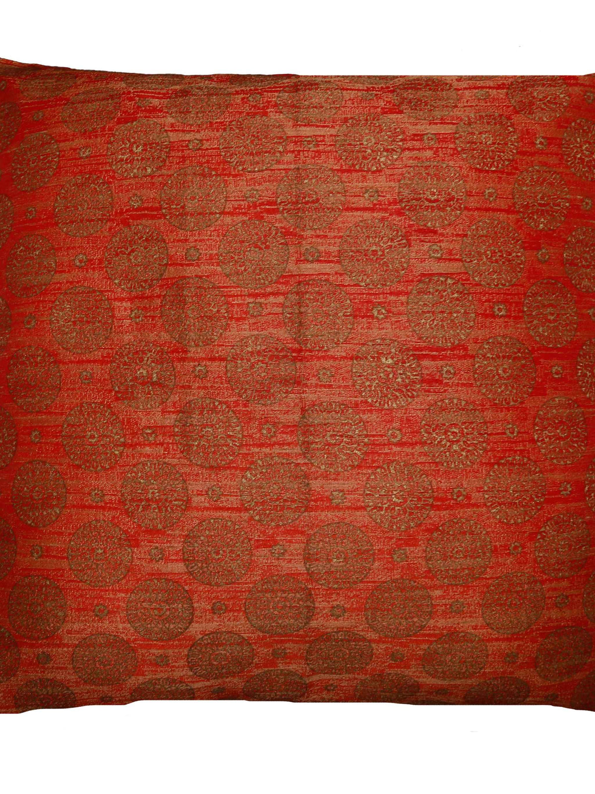 Red cushion cover with an allover gold medallion brocade pattern